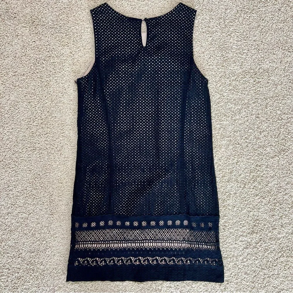 LOFT Sleeveless Lace Eyelet Keyhole Back Round Neck Shift Dress Black Tan 6